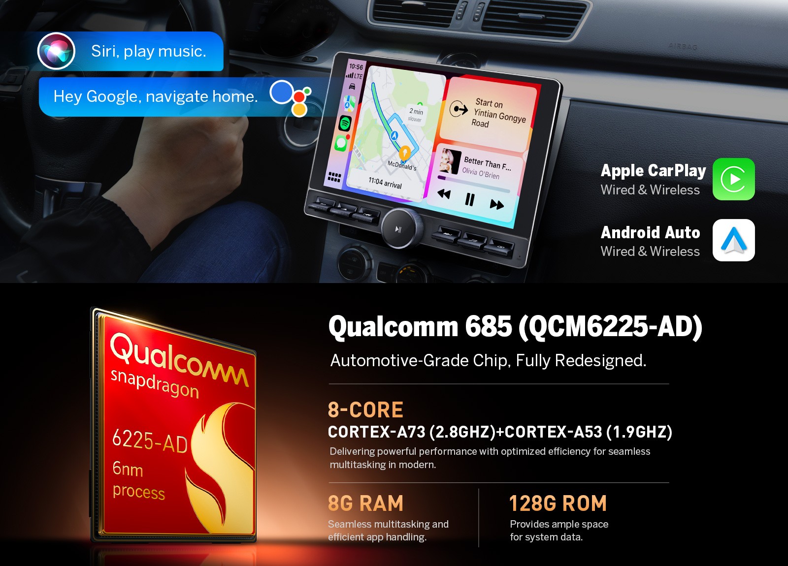 10.1″Android 13 QLED Car Stereo 8+128GB Wireless CarPlay GPS Qualcomm Double DIN