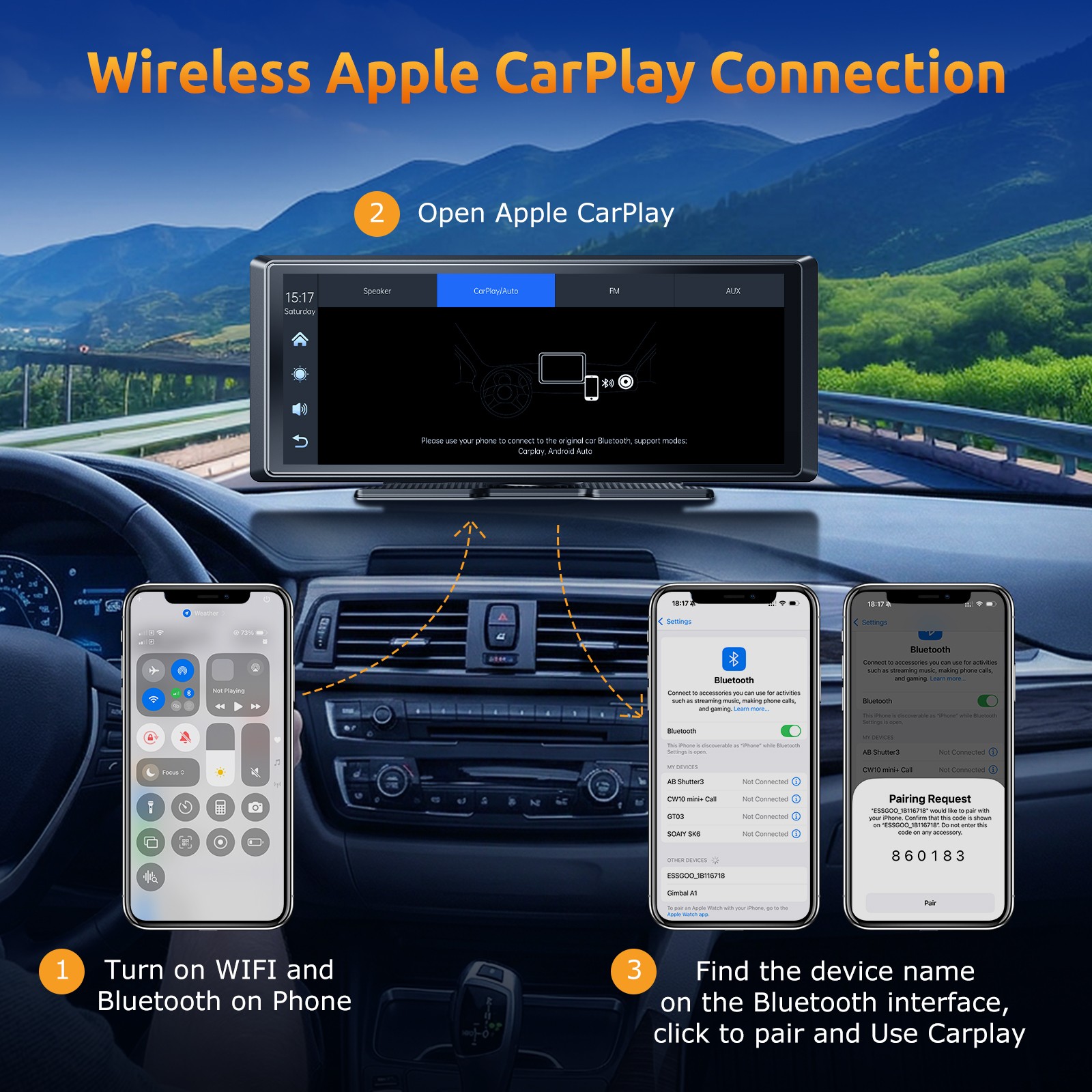 2K Portable Wireless Car Stereo With Carplay Android Auto Play DVR & Backup Cam