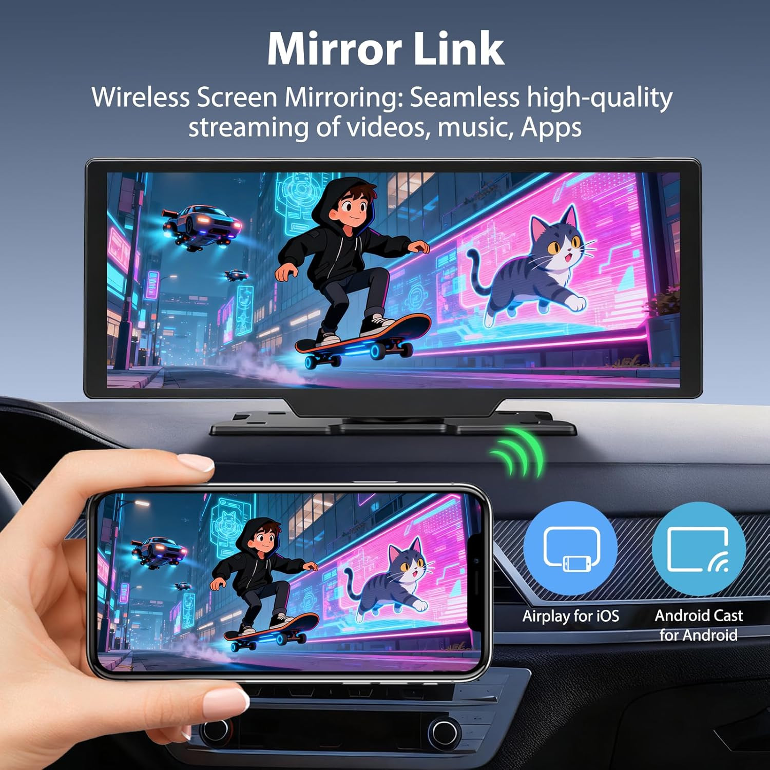 10.26″ Portable Wireless Carplay Screen for Car with 4K Dash Cam, 1080P Backup C