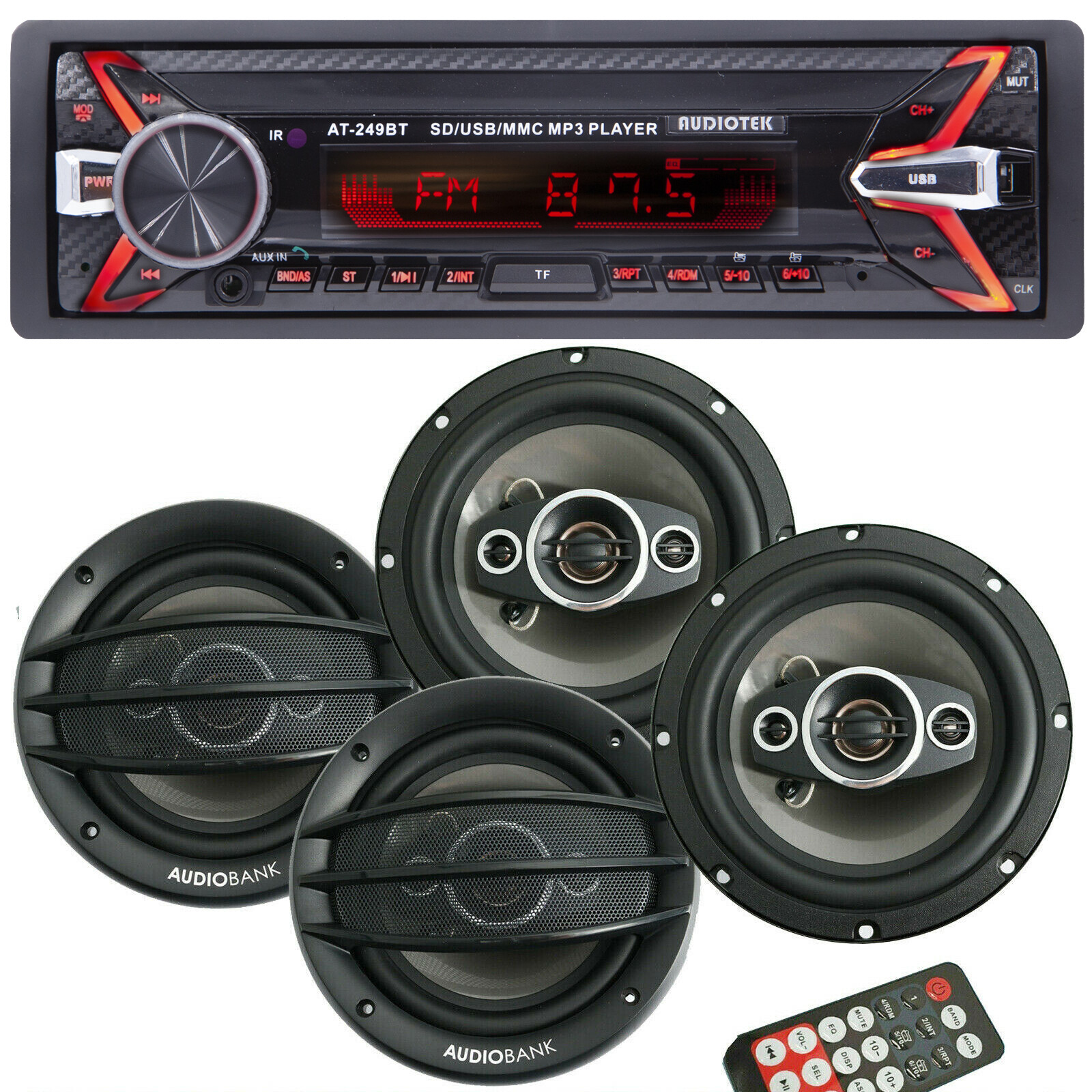 Audiotek Bluetooth Car Stereo Digital Media Receiver + 4xAudiobank 6.5″ Speakers
