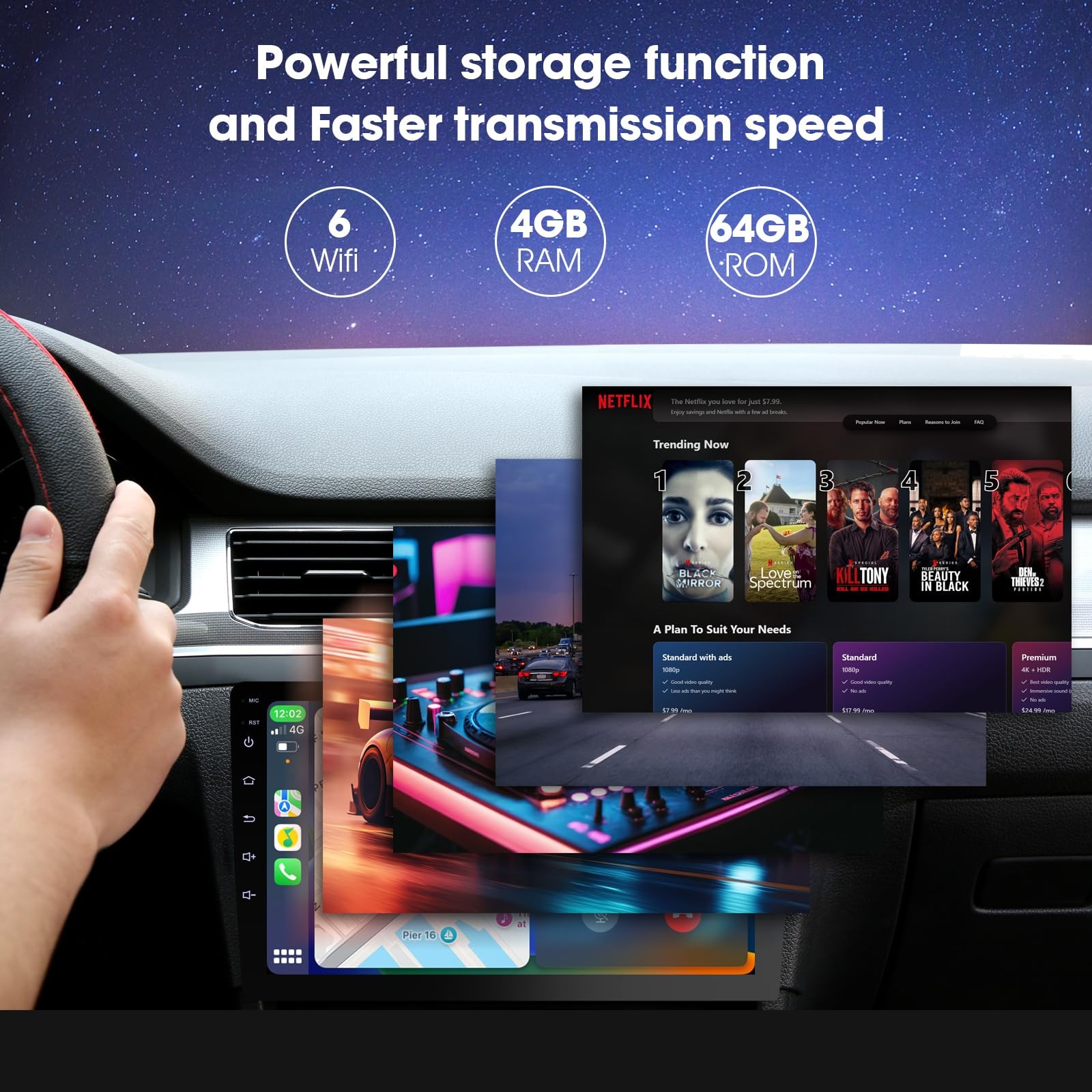 9 Inch Wireless Carplay Screen for Car,Double Din Car 9 inch-4+64GB, black