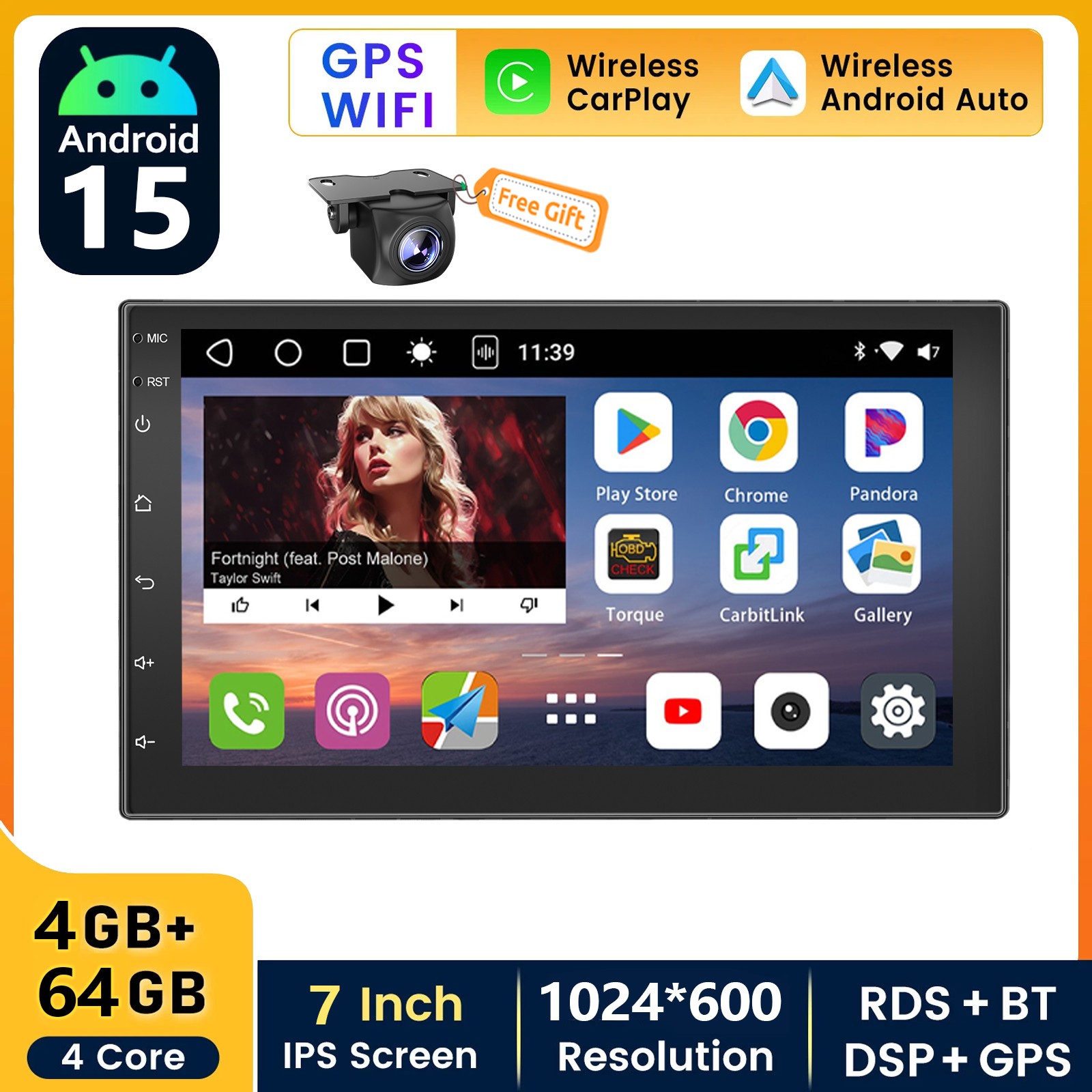 Double 2 DIN Android 15 4+64GB GPS Navi WIFI Car Stereo Radio with Backup Camera