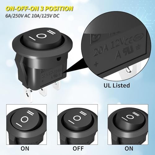 12V Round Rocker Switch – DC ON/Off/ON – 3 Pack – 3 Positions
