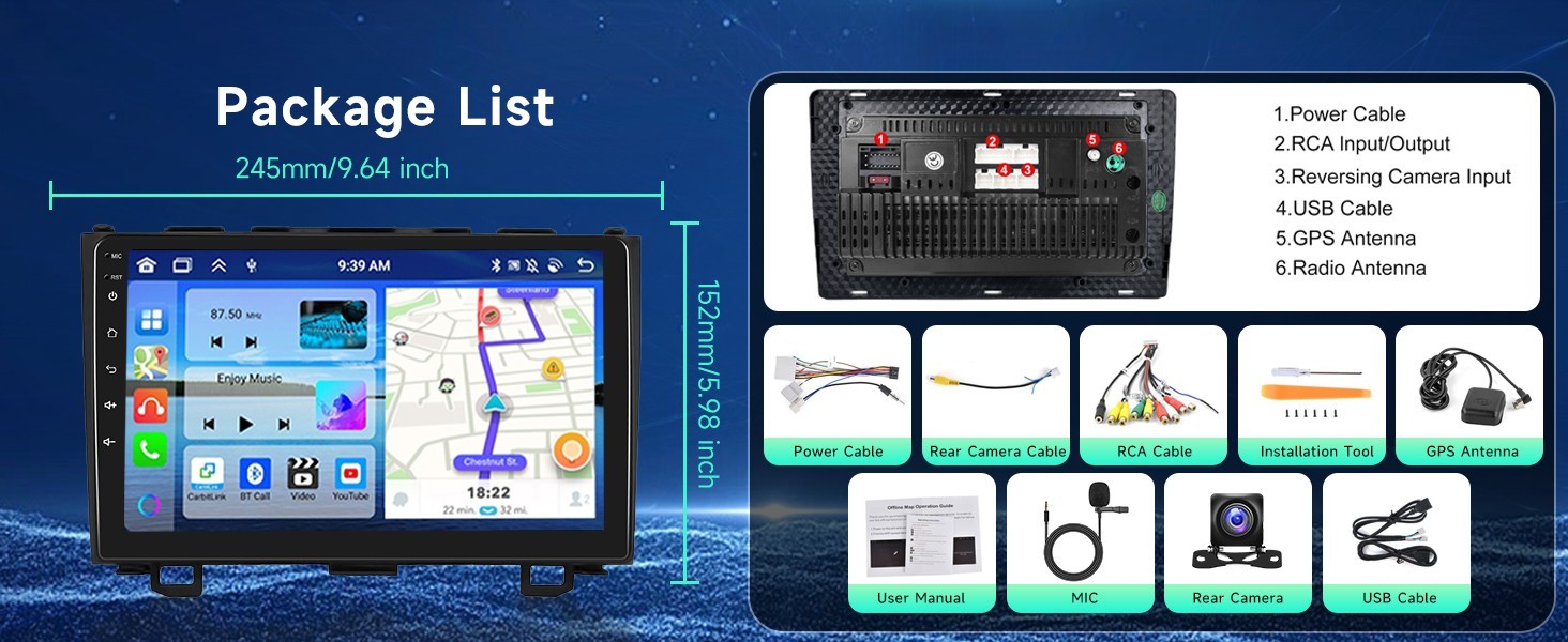 9″ 8Core 4+64G Android Auto Carplay Stereo for Honda CRV 2007-2011; Free Camera