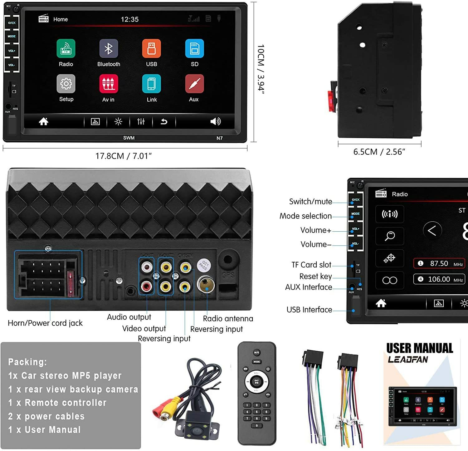 7″Car Stereo Touch Screen Car Audio Receiver Double Din FM Radio Bluetooth Video