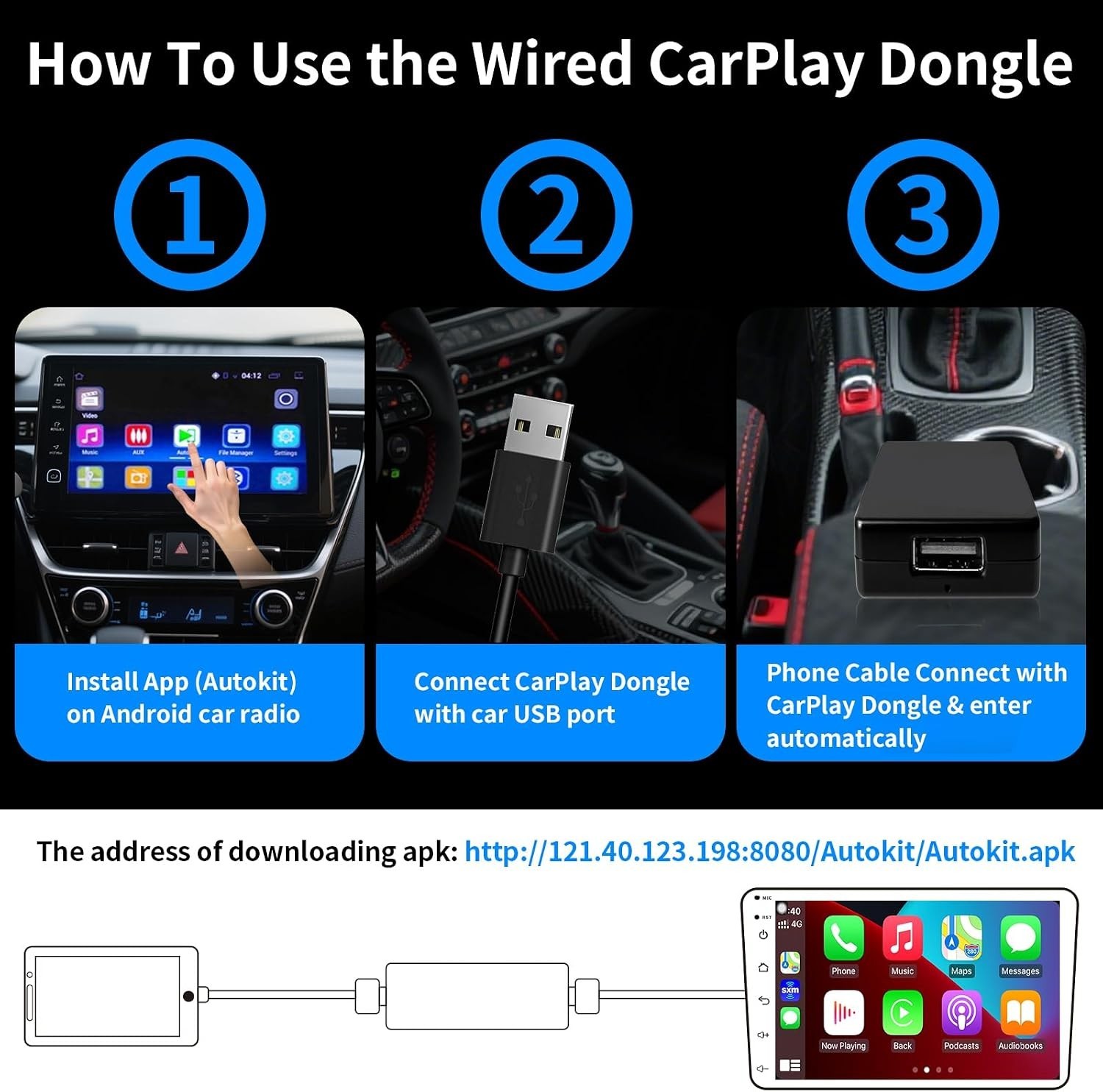 Wired CarPlay Adapter USB Dongle for Car Radio with Android Version 4.2 or Above