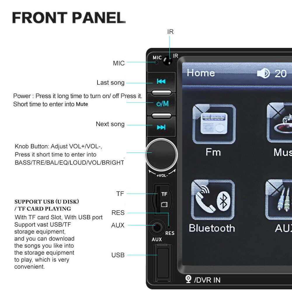 7″ Double 2 DIN Car MP5 Player Bluetooth Touch Screen Stereo Radio With Camera