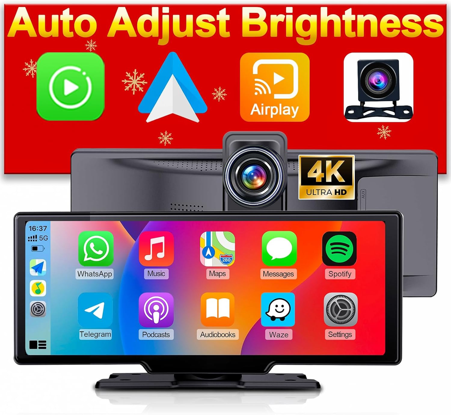 Portable 9.3-Inch Wireless Apple Carplay Screen for Car with Auto Brightness, 4K