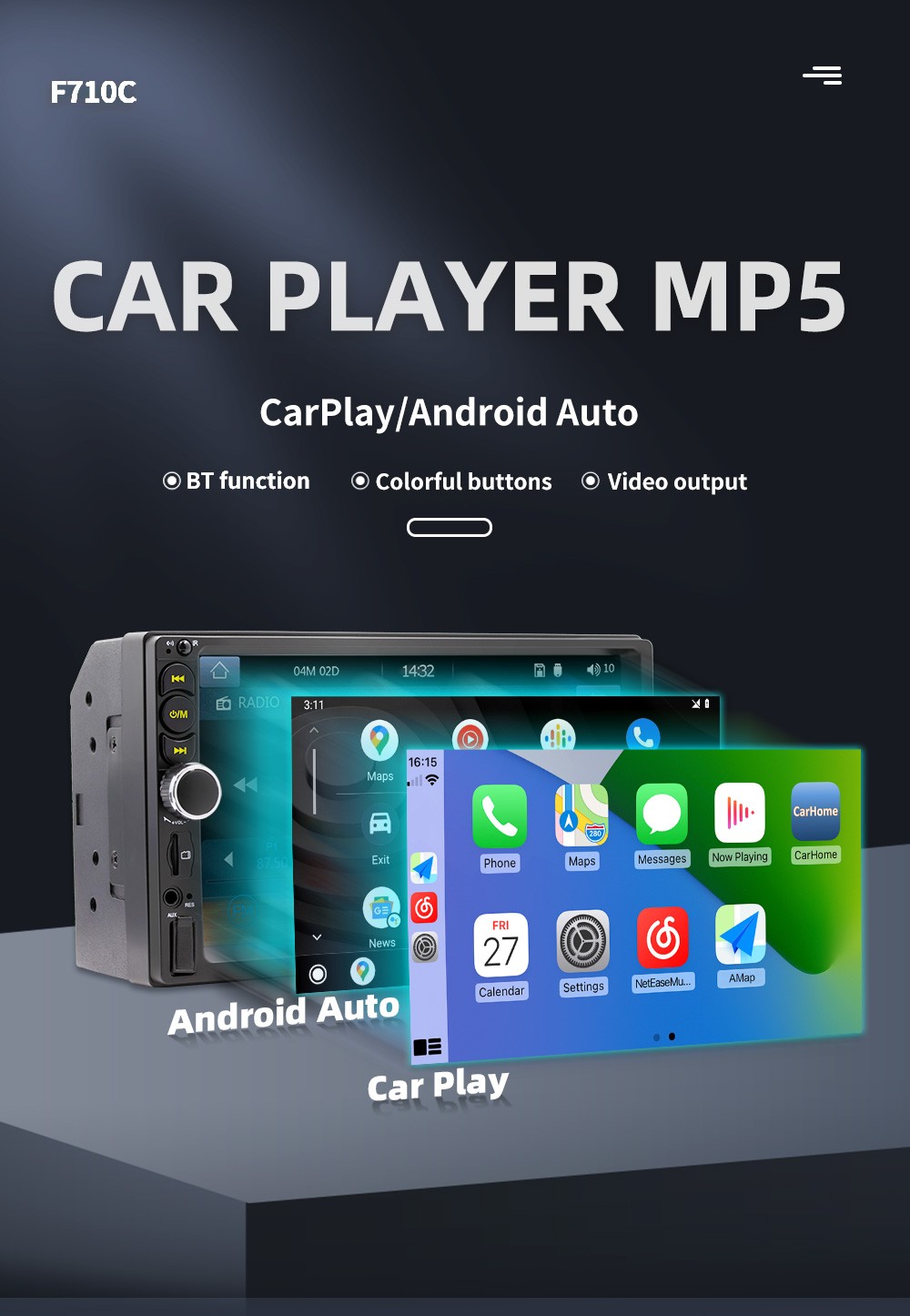 F710C 7” Touch Screen Stereo Radio Car Apple/Android Carplay GPS US