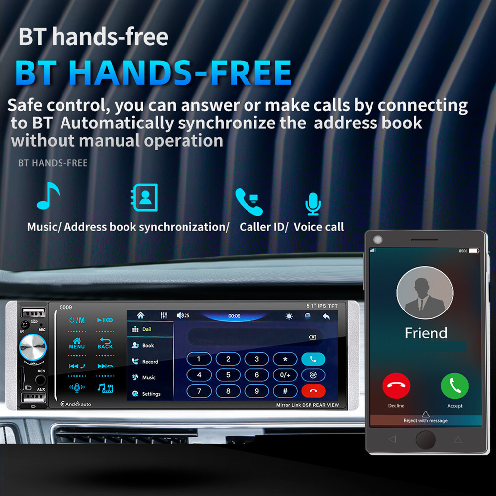 1Din 5.1in Car Radio MP3 Player Touch Screen USB AUX AM/FM Digital Media Stereo