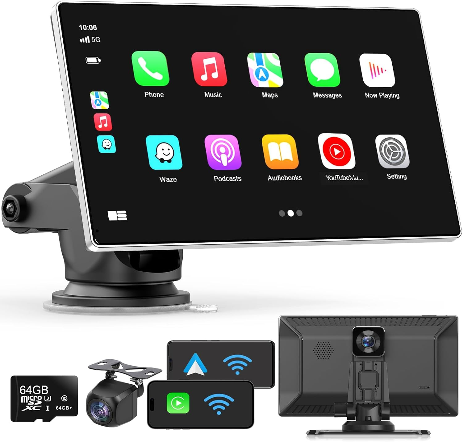 9″ Wireless Apple CarPlay & Android Auto Screen with 4K Dash Cam & GPS
