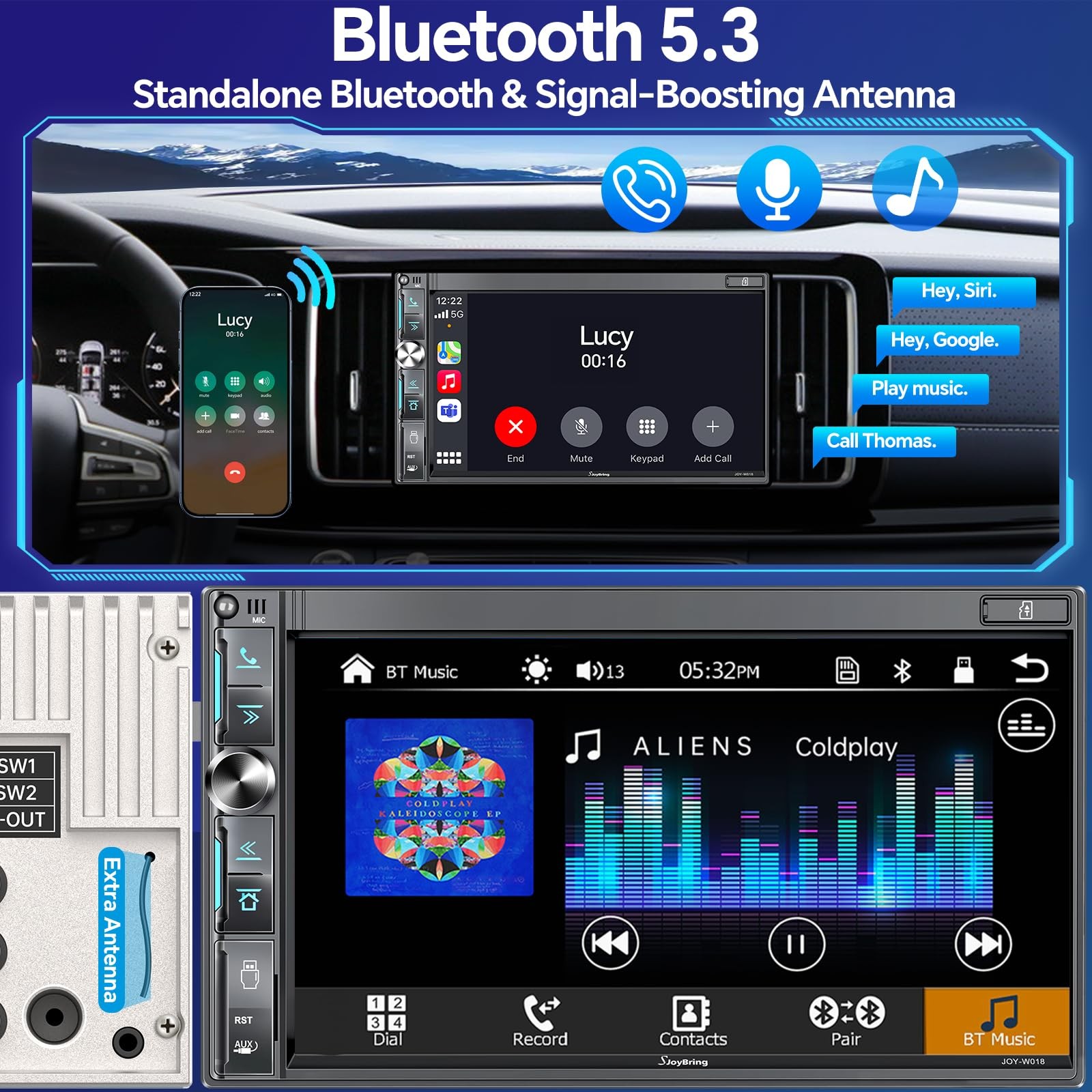QLED Double Din Car Stereo with Dash Cam & Backup Camera, Wireless Apple CarP…
