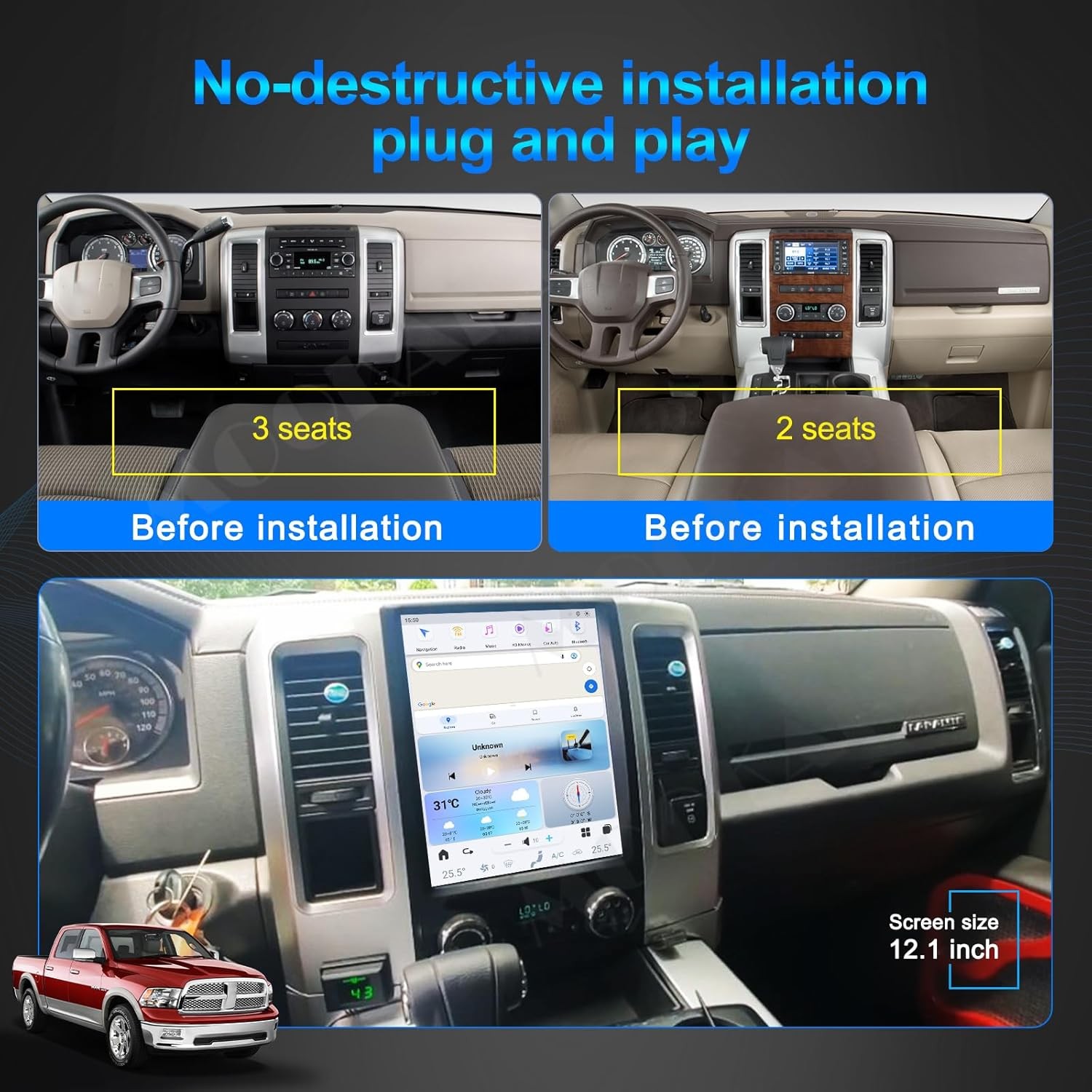 12.1″ For Dodge Ram 2008-2012 Android Car Radio Stereo GPS Navi Carplay 8G+128GB