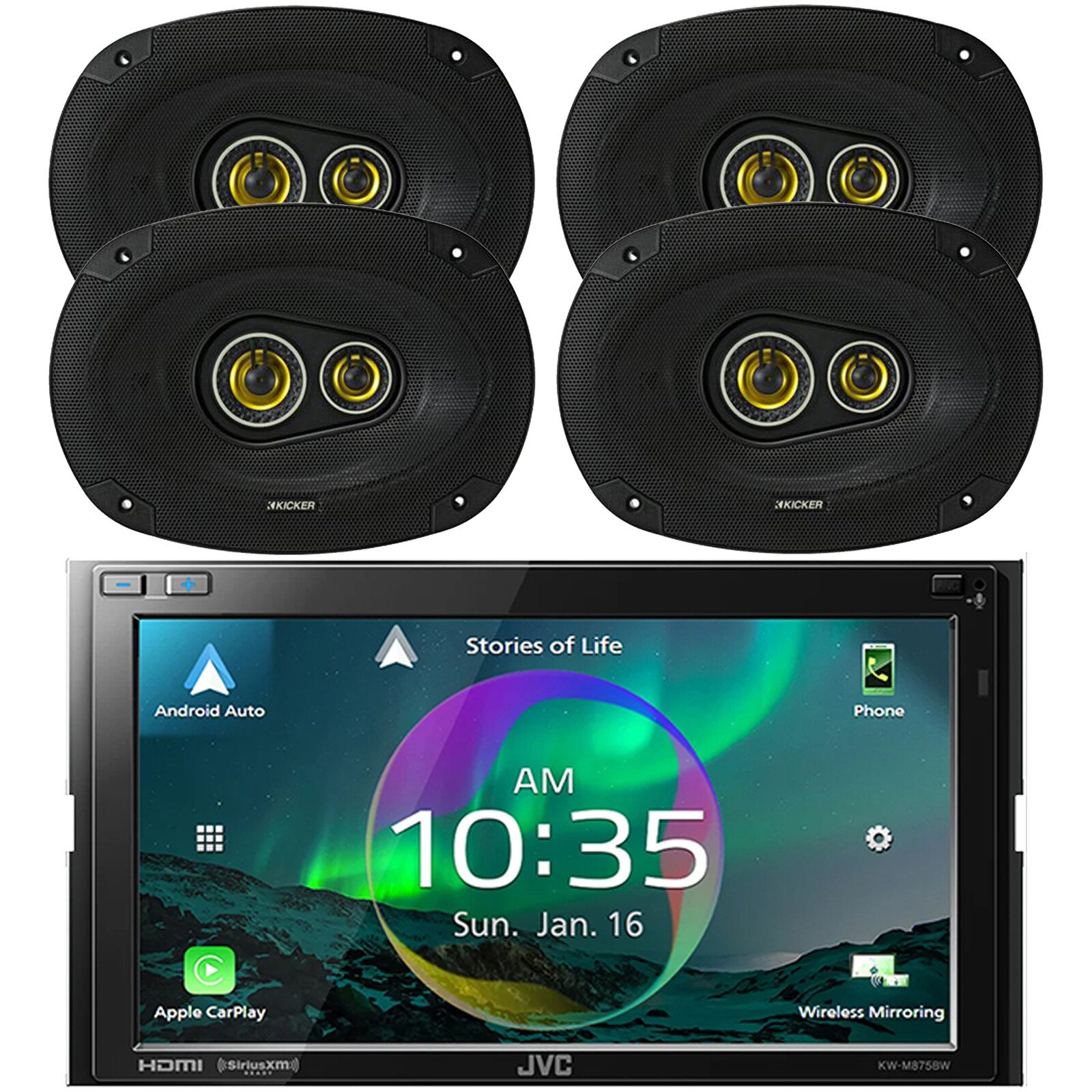 JVC In-Dash 6.8″ Touchscreen HDMI/WiFi Bluetooth Car Radio, 4x 6×9″ 450W Speaker