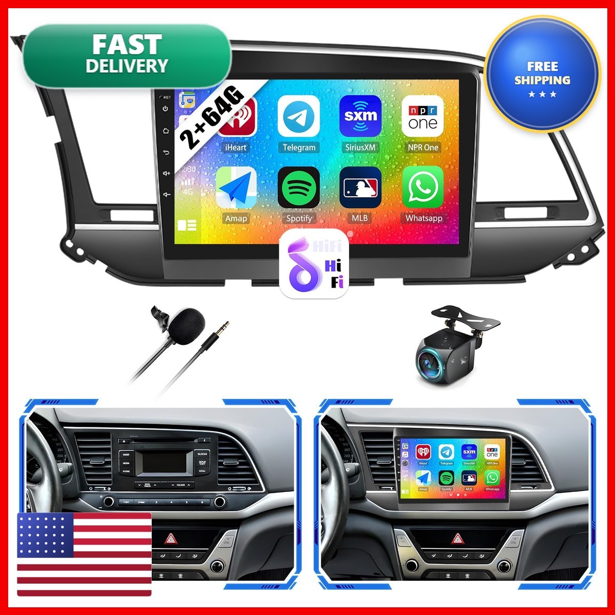 AmPremium 264G Android 13 Car Stereo For Hyundai Elantra 2016-2018 Wireless
