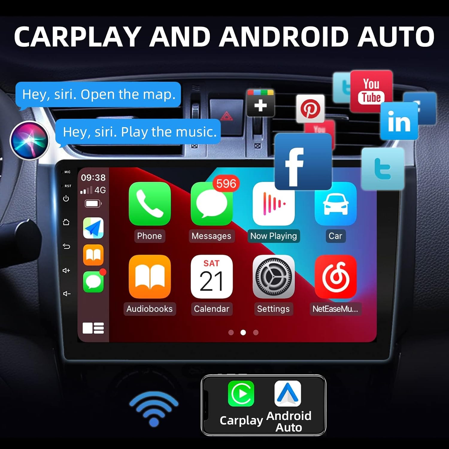 10 Inches Double Din Car Stereo, Apple Carplay Screen, 2G+32G, Bluetooth Android