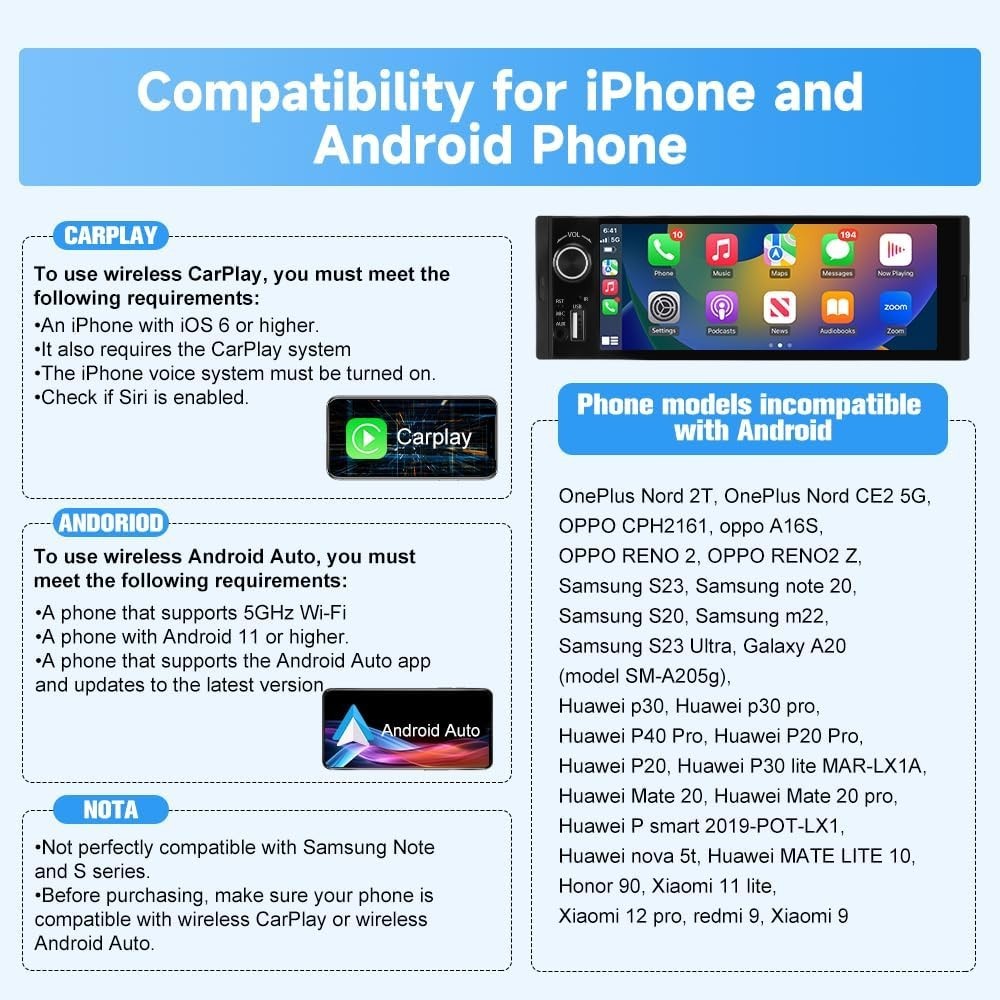 Customizable EQ Single Din Car Stereo with Wireless CarPlay & HD Backup Camera