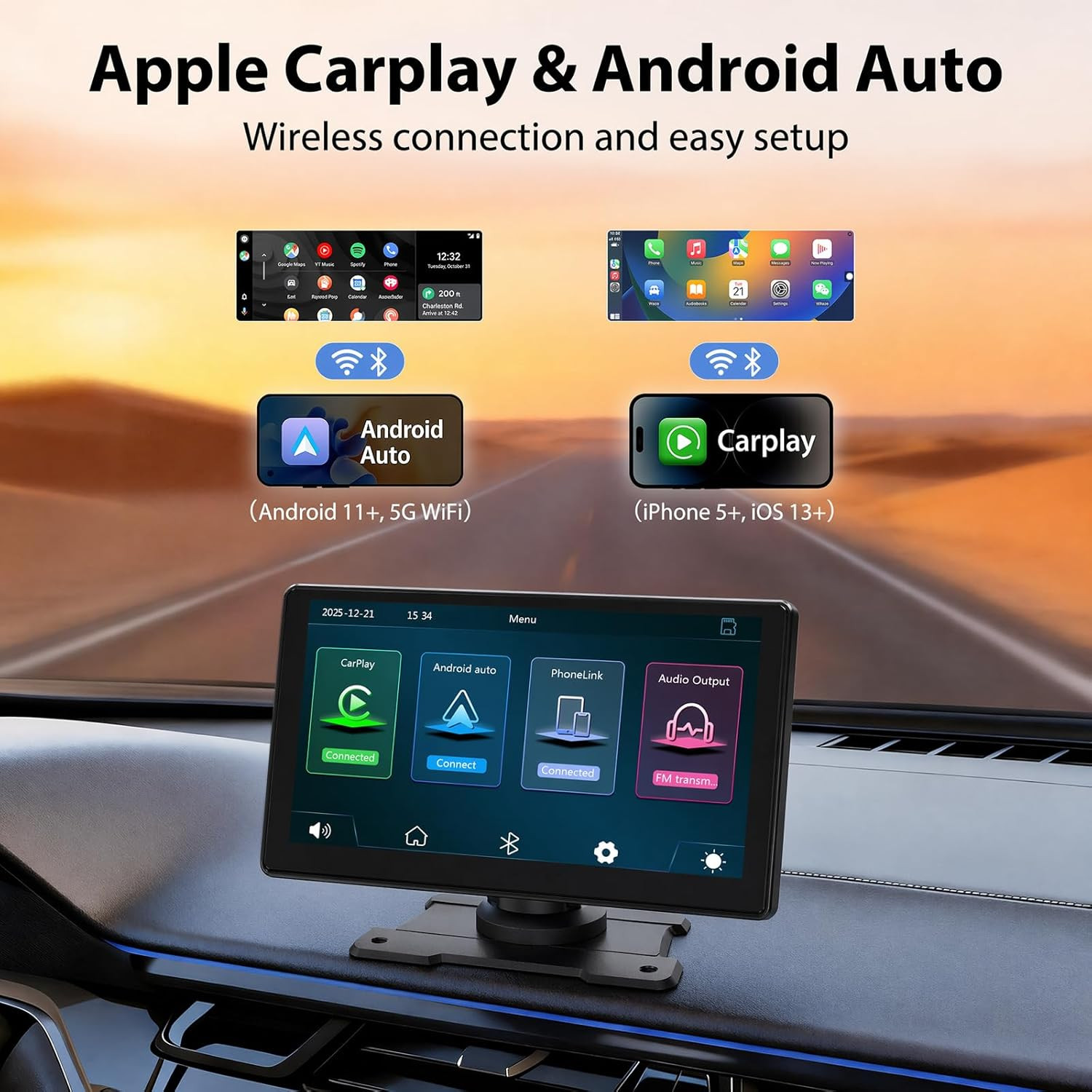 9 Inch Carplay Screen for Car, Wireless Carplay & Android Auto Portable Touchscr