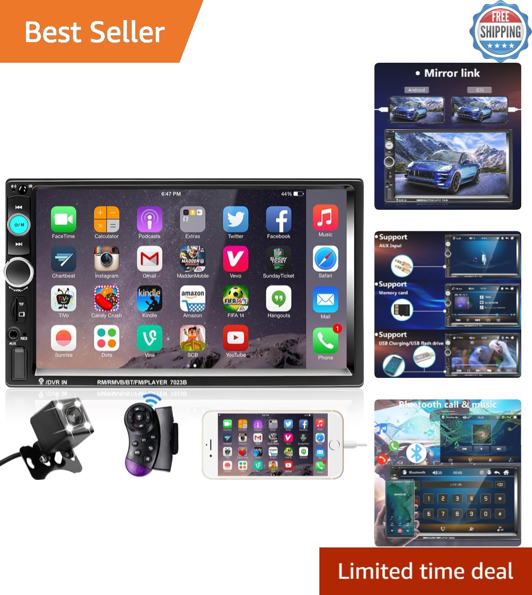 Multimedia Double Din Stereo: 7 Inch Touchscreen, Bluetooth & Phone Link Support