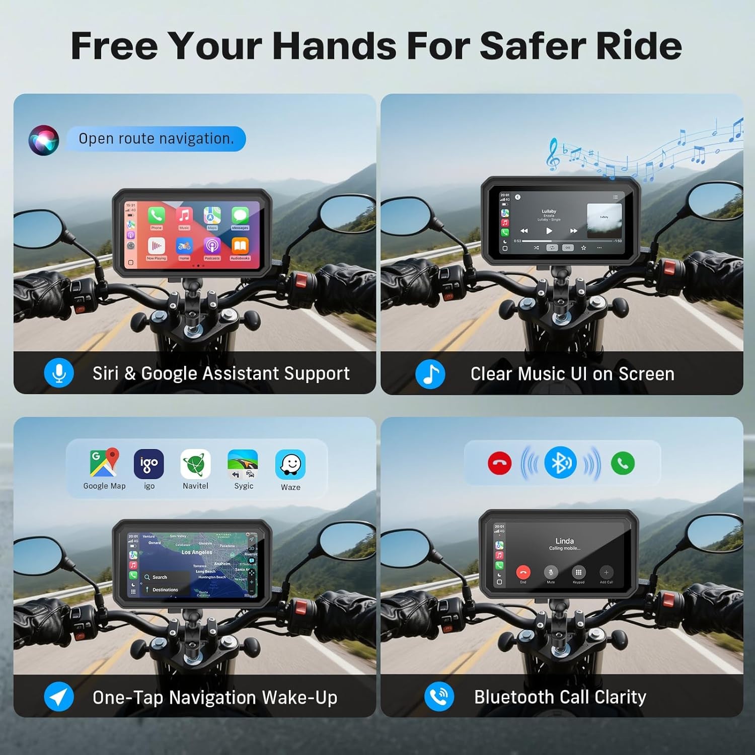 WonVon 7 Inch Wireless Motorcycle Carplay GPS Navigation System Apple Carplay