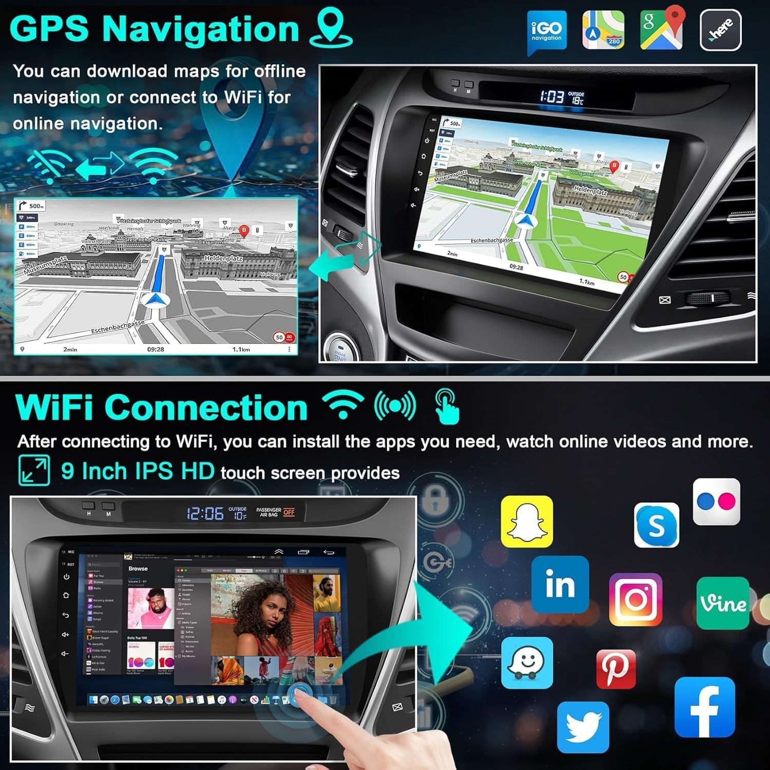 64G Car Radio for Hyundai Elantra 2014-2016 Carplay Android Auto 1280*800 GPS