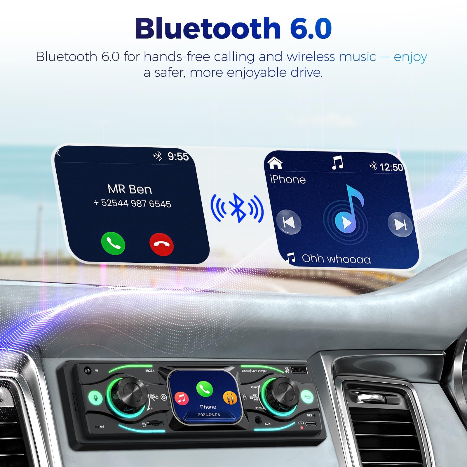 Single DIN Car Stereo with Touchscreen, Bluetooth Audio, Radio Black