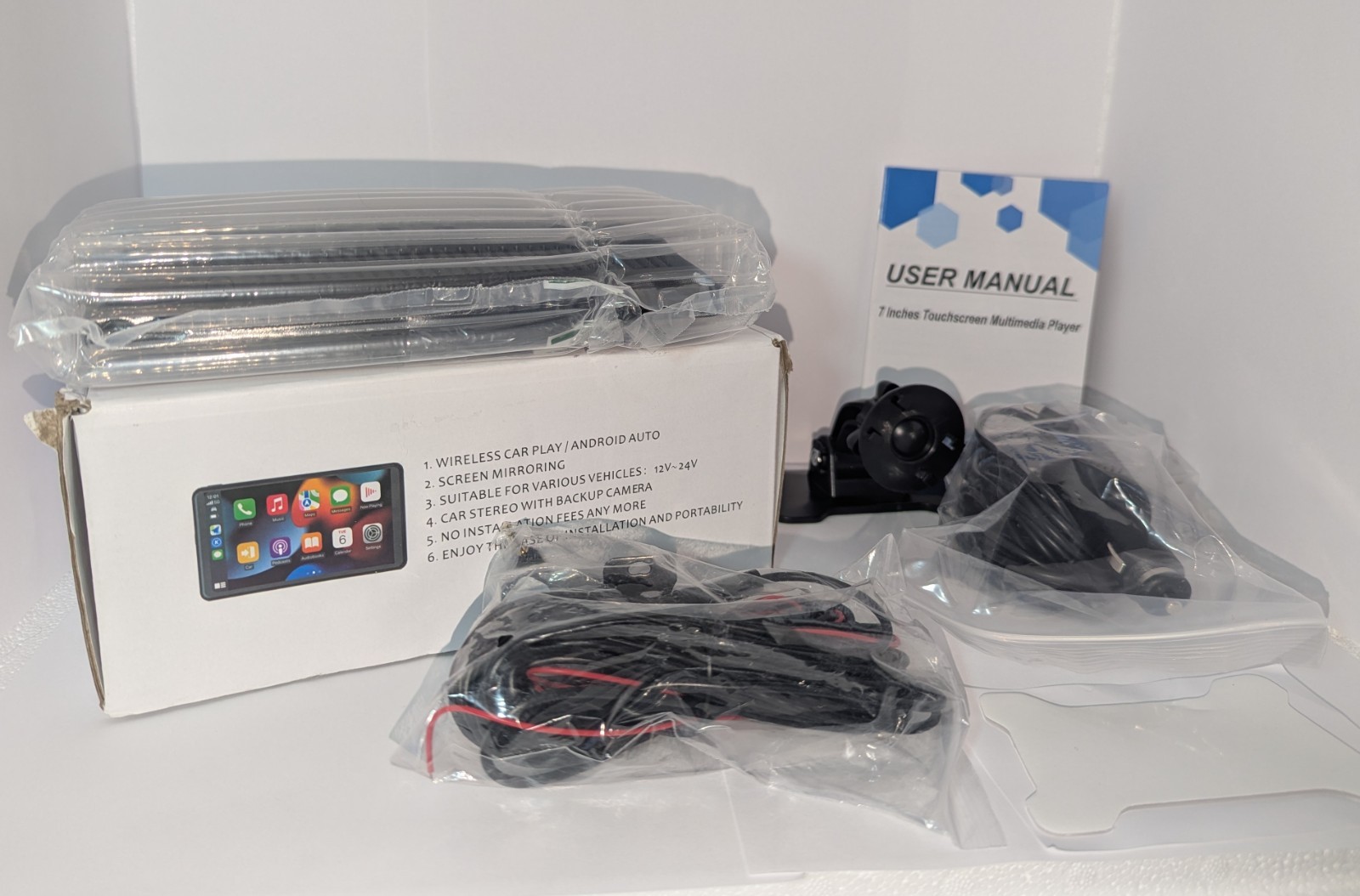 7 Inch Portable Wireless Car Stereo Touch Screen With Backup Camera – Open box