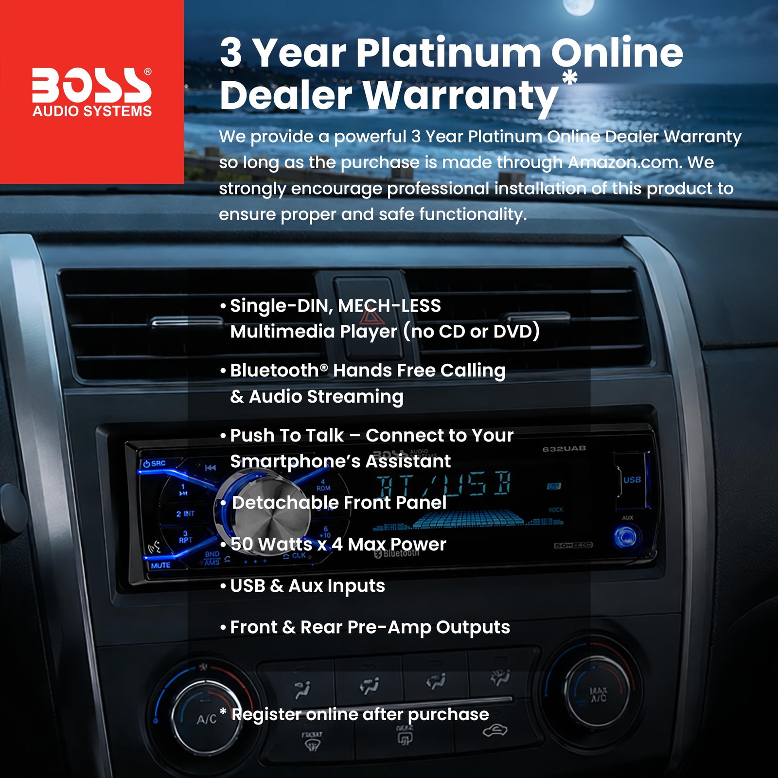 632UAB Car Stereo – Single Din, Bluetooth, No CD DVD Player, AM/FM Radio Receiv