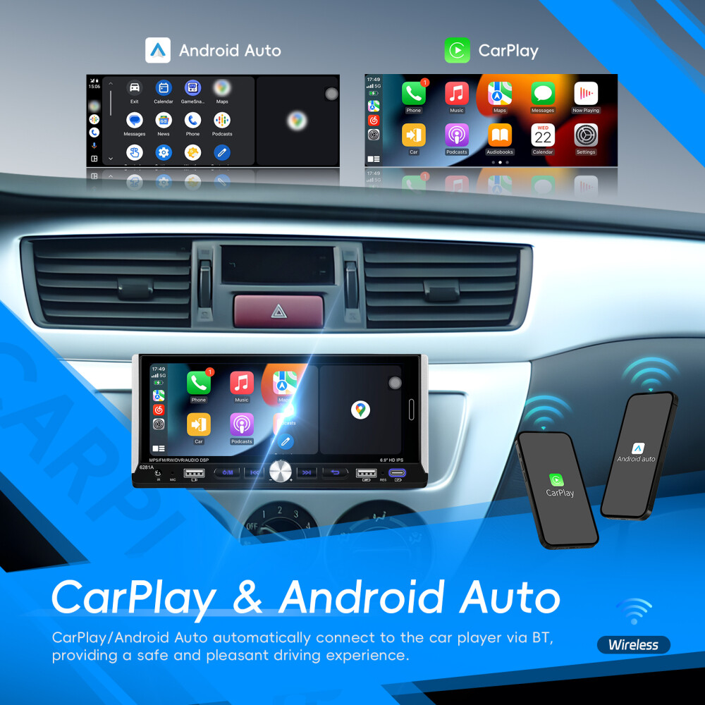 Single 1 DIN Car Radio GPS NAVI Carplay 6.9 Inch Stereo Player Android 15 2+64G
