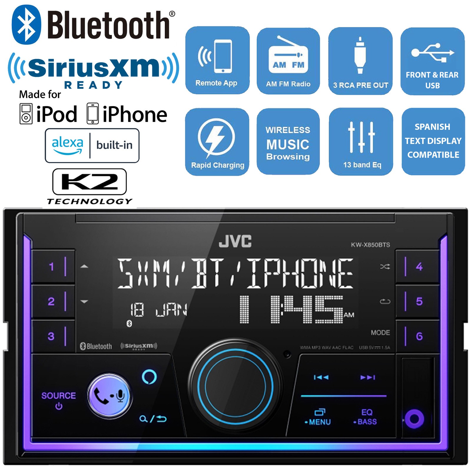 JVC KW-X850BTS Double DIN Bluetooth AM/FM Radio Digital Media Stereo Receiver