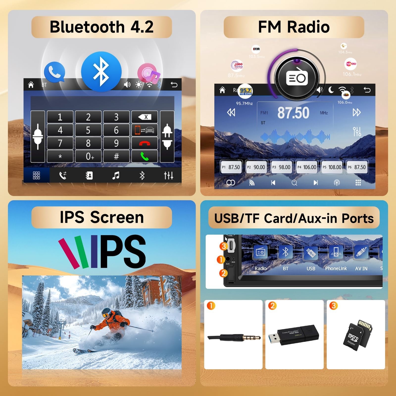 7″ Double Din Car Stereo – HD Touchscreen, Wireless CarPlay, Android Auto, Bluet