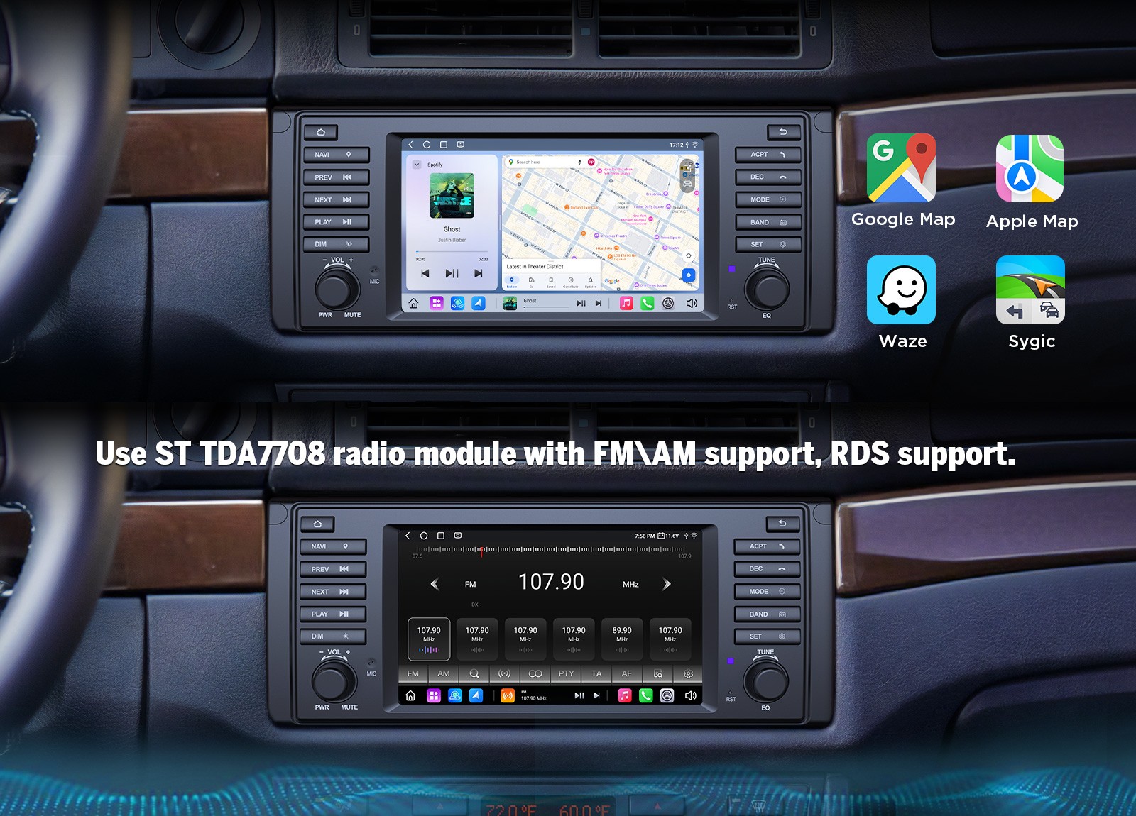 For BMW E39 530i Car Stereo 7″ QLED 6+64 Wireless Apple CarPlay Android Auto GPS