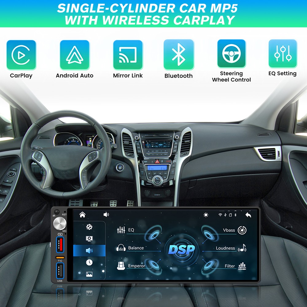 Single 1 Din Car Stereo Apple CarPlay 6.9” touchscreen Bluetooth Radio SWC USB