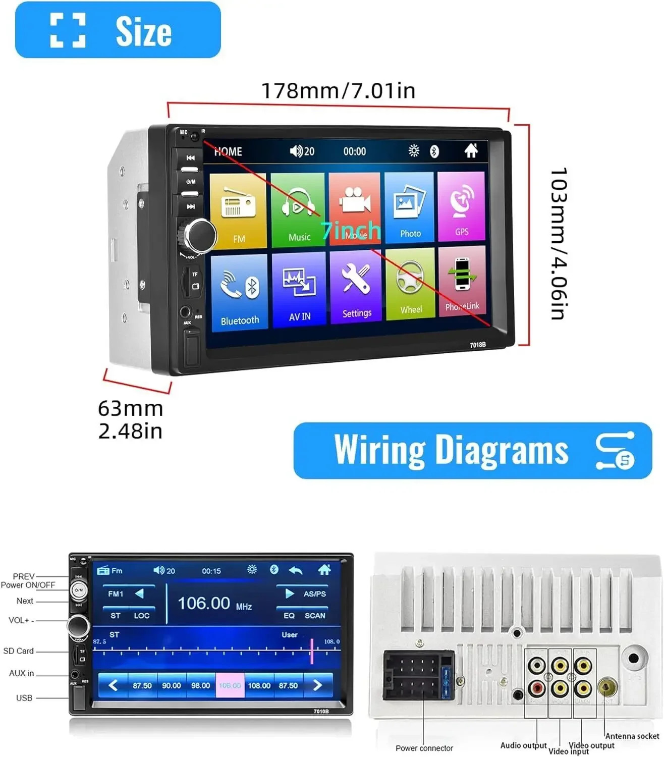 7″ 2 Din Car Stereo HD MP5 Player Bluetooth Touch Screen Radio Mrrior LinkFM/