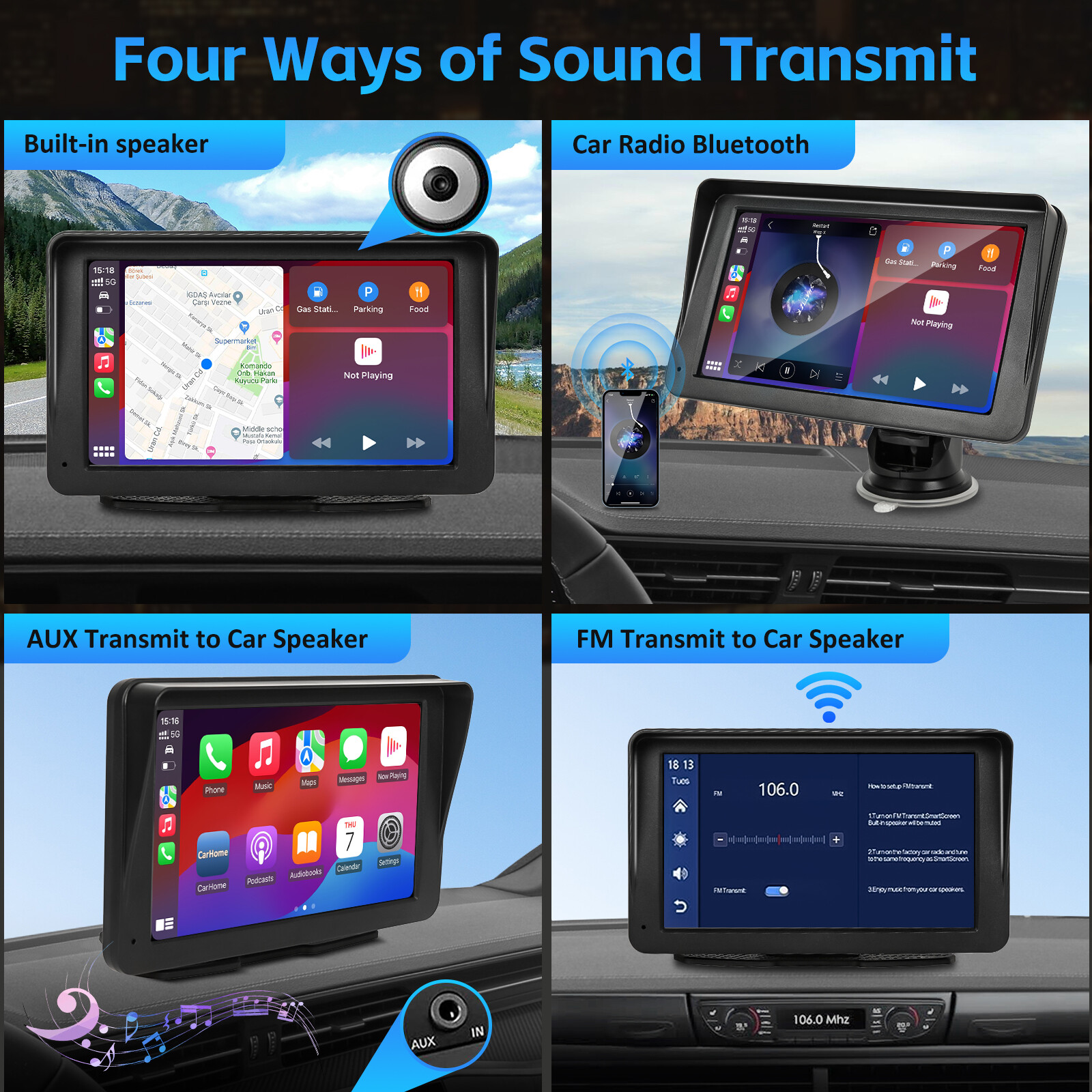 7″ Portable Touch Screen Wireless CarPlay Android Auto Car FM Radio AUX +Camera