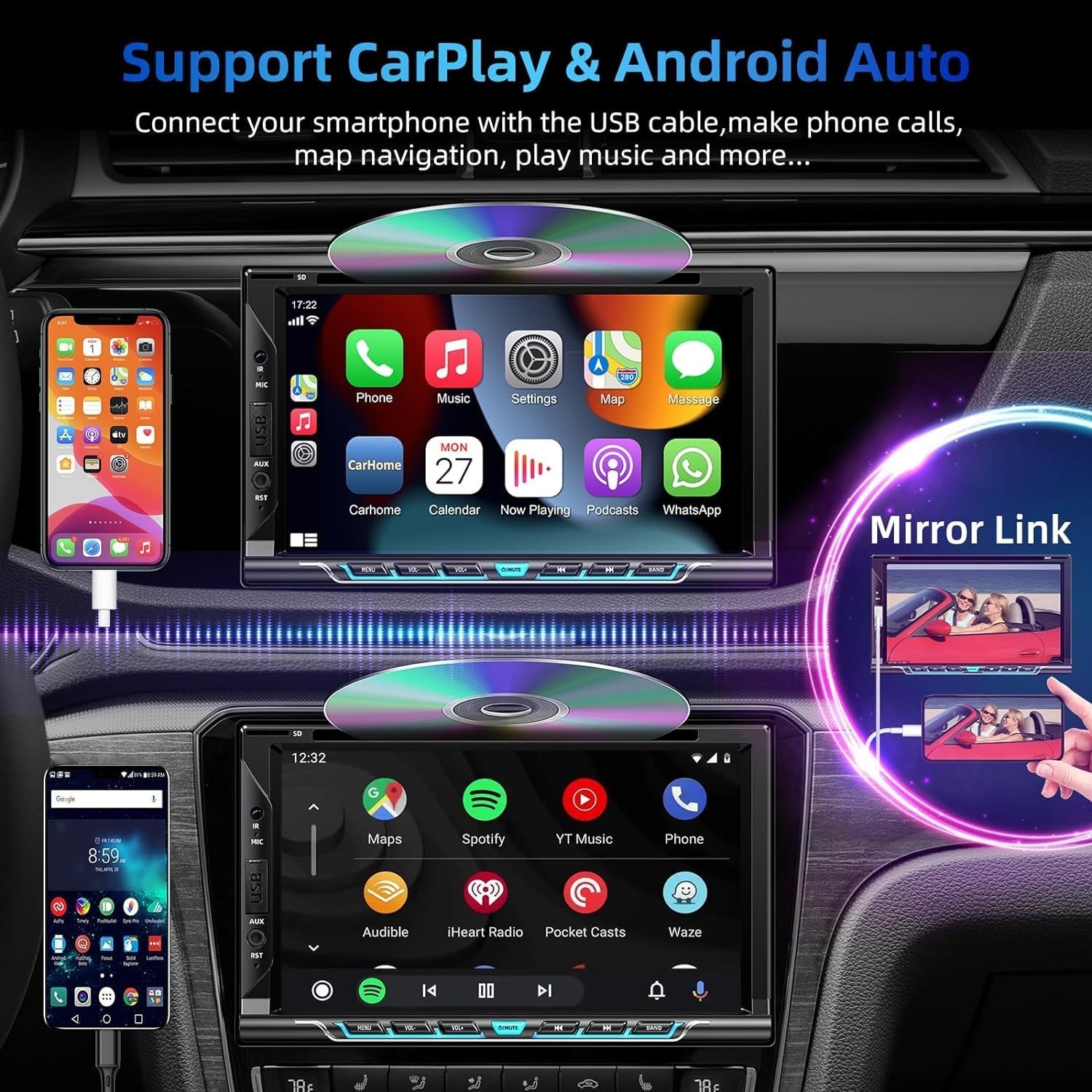 Double Din Car Stereo with Carplay&Android Auto,7 Inch HD Touchscreen Car Rad…