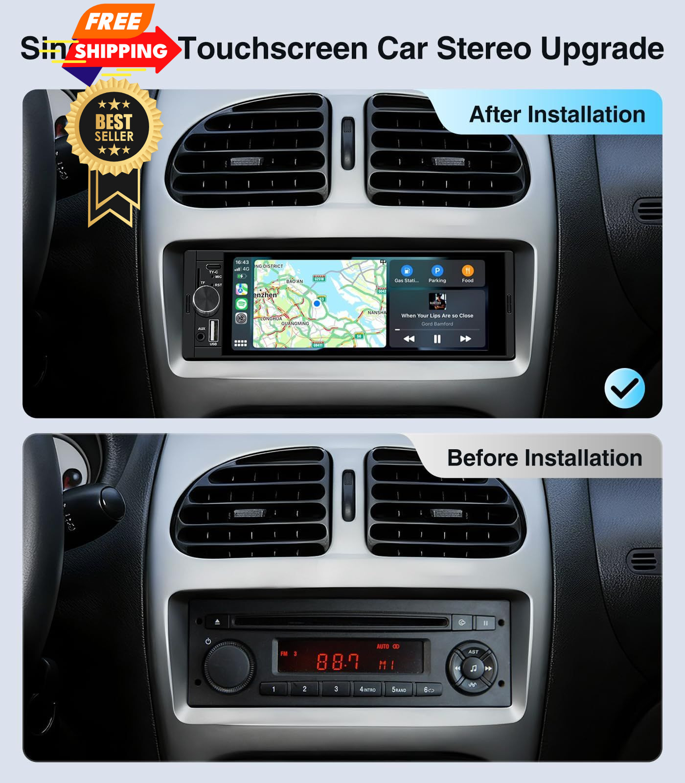 AINAVI 6.36 Inch Single Din Touchscreen Car Stereo Carplay Android Auto