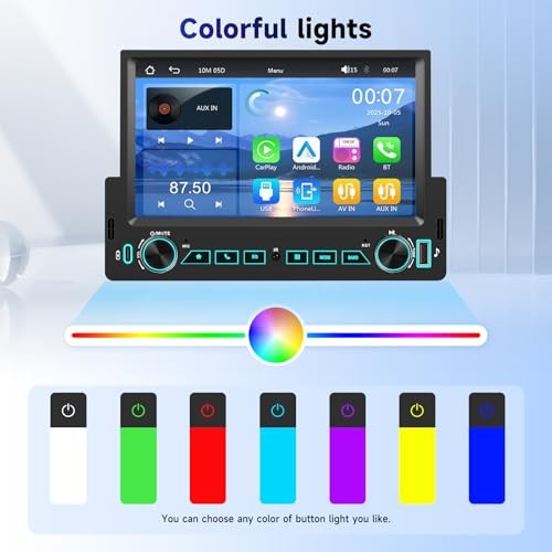 7” Single Din Car Stereo with Wireless Carplay Android Auto, Single Din