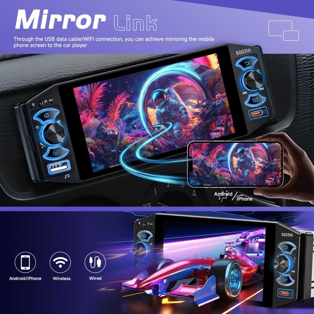 5″ Single 1Din Car Stereo Radio USB BT Wireless Android auto Carplay BT + Camera