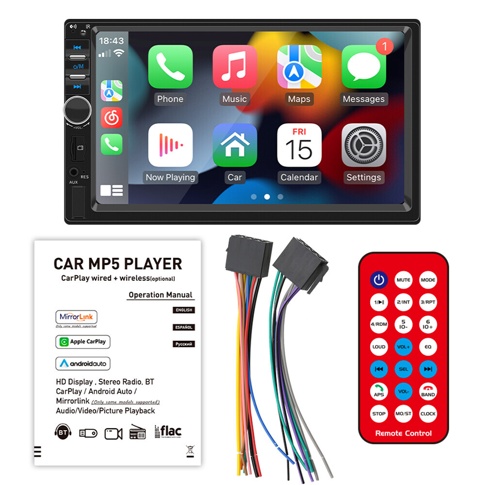 Double 2Din 7″ Car Radio with Apple CarPlay Android Auto Bluetooth USB/AUX/TF/FM