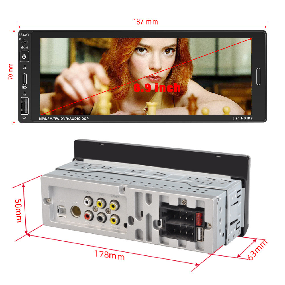 Single Din 6.9″Touch Screen Stereo Bluetooth Radio Car Apple/Android Carplay GPS