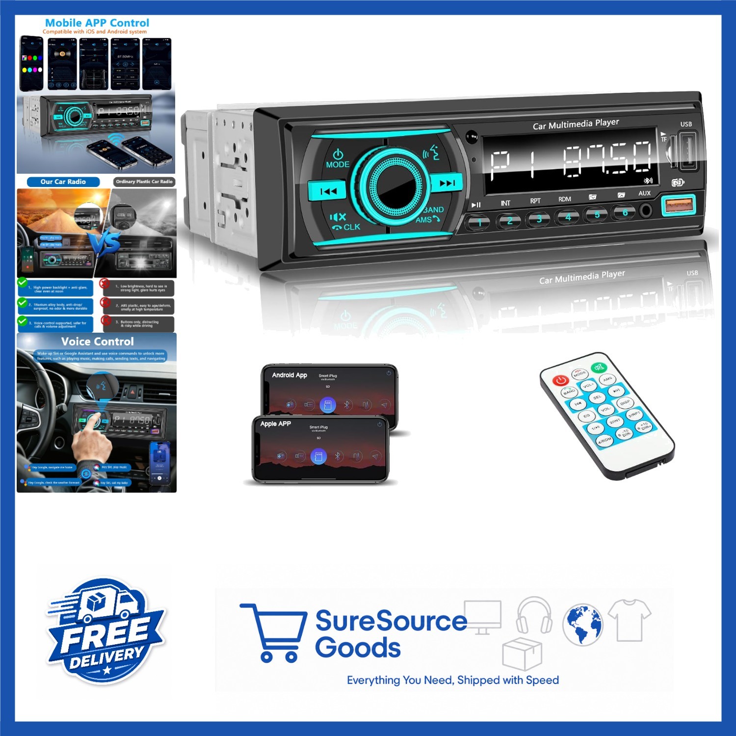 Bluetooth Single Din Car Stereo with Fast Charging, FM Radio & Voice Assistant