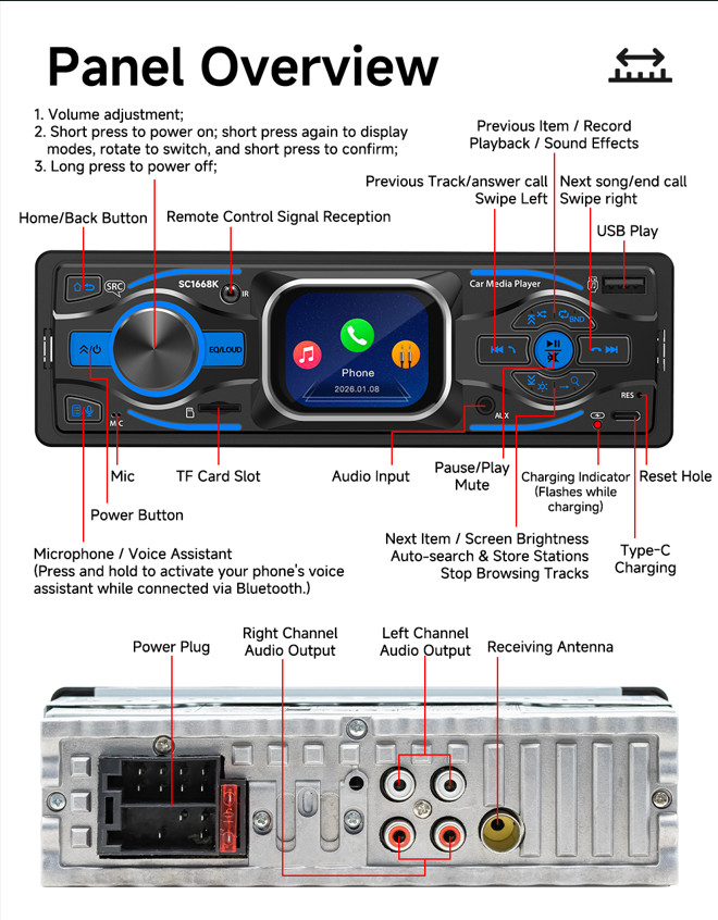 Car MP3 Player Single Din Head Unit FM RCA USB SD AUX HD Screen W/Remote Control