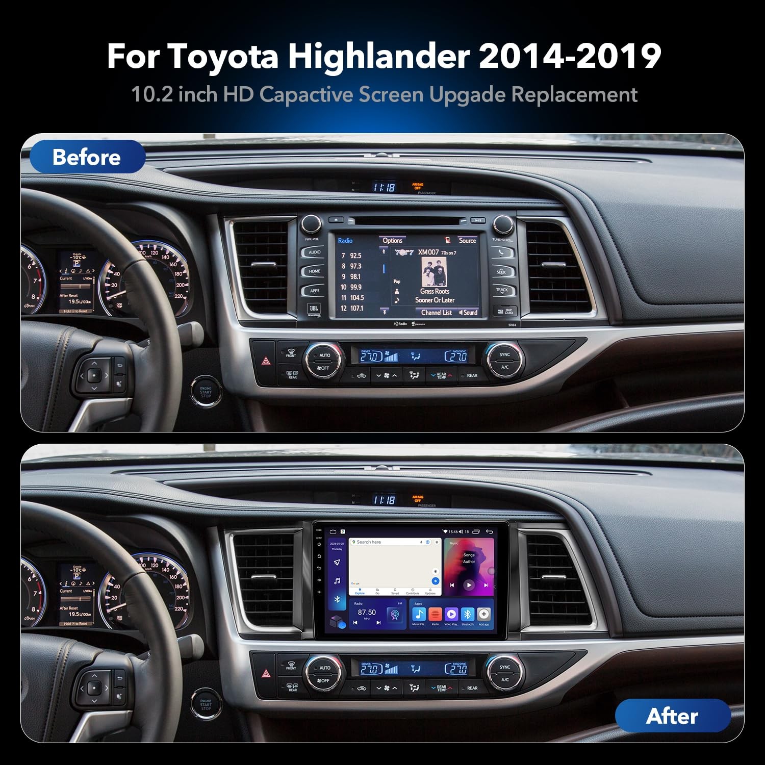 10.2” Android 13 Car Radio for Toyota Highlander 2014-2019 CarPlay Backup Cam