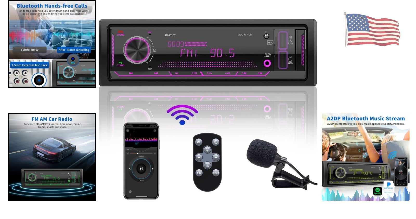 Single Din Marine Audio System: Bluetooth Stereo with RGB Buttons & Quick Charge