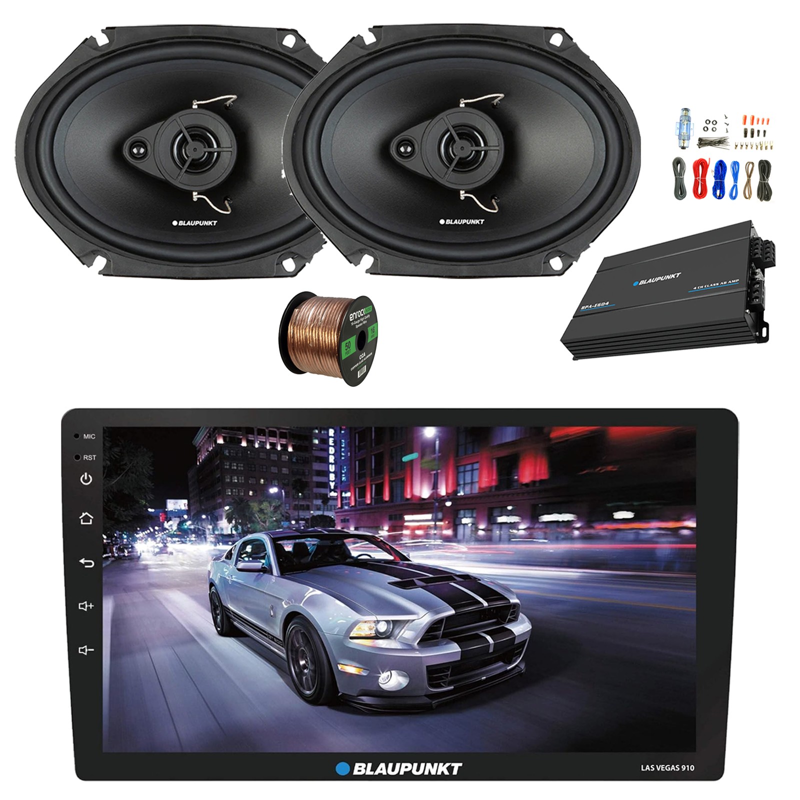 Blaupunkt 10″ Touchscreen WiFi Radio, Amp w/Kit, 2x 6×8″ 60W Car Speakers, Wire