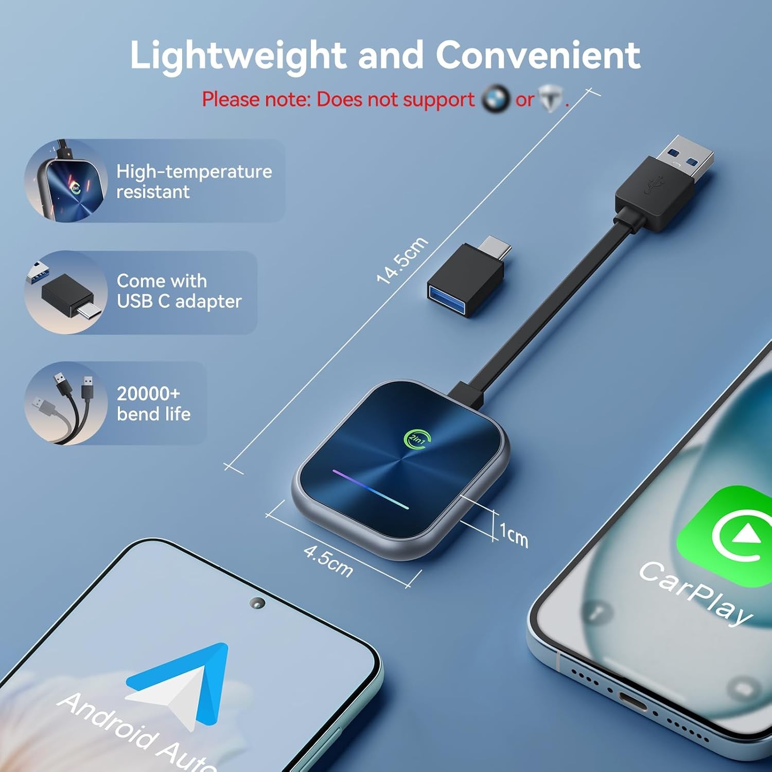 USB Wireless CarPlay Android Auto Adapter Converts Wired to Wireless Plug & Play