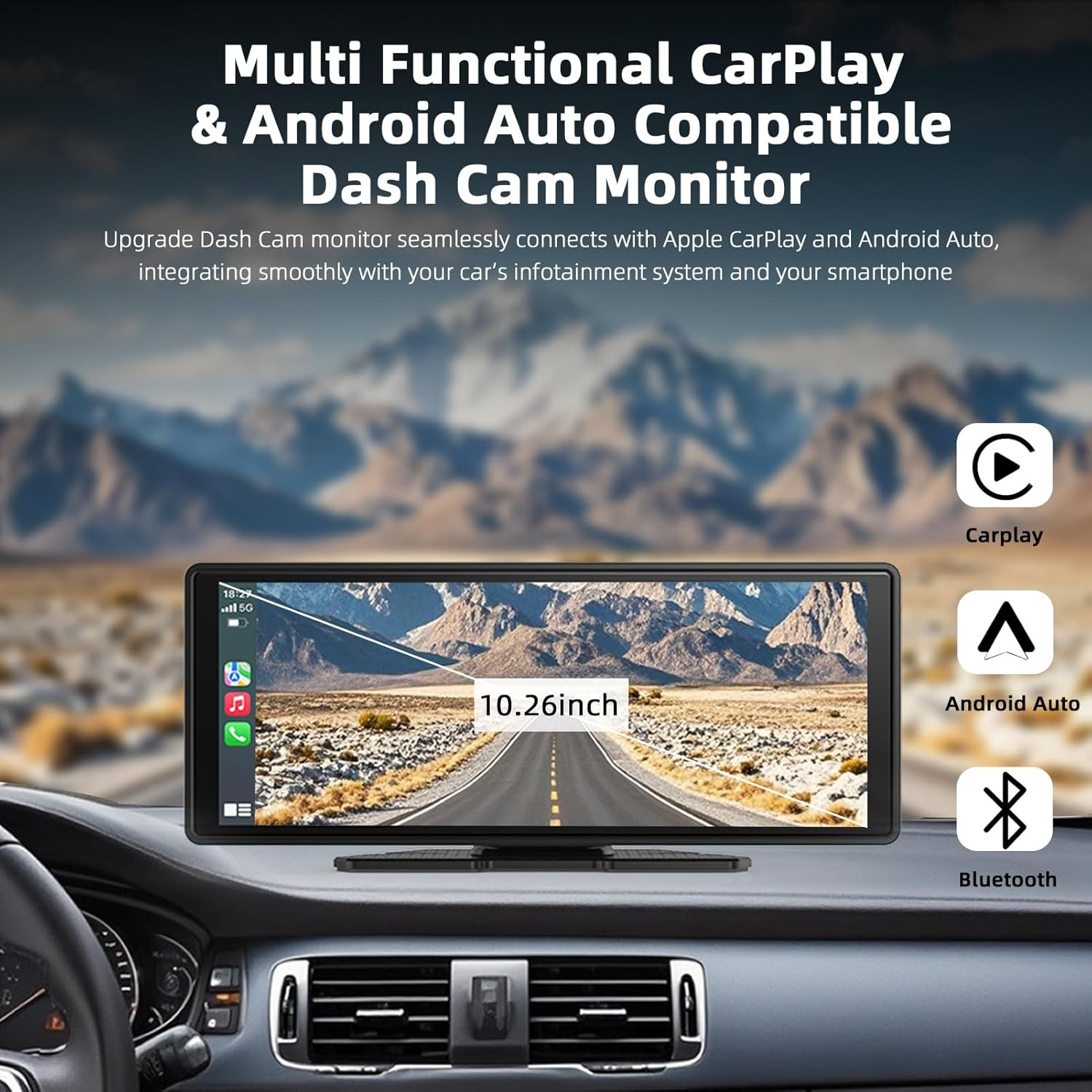 10.26″ Portable Carplay Screen with 4K Dash Cam & Wireless Car Audio