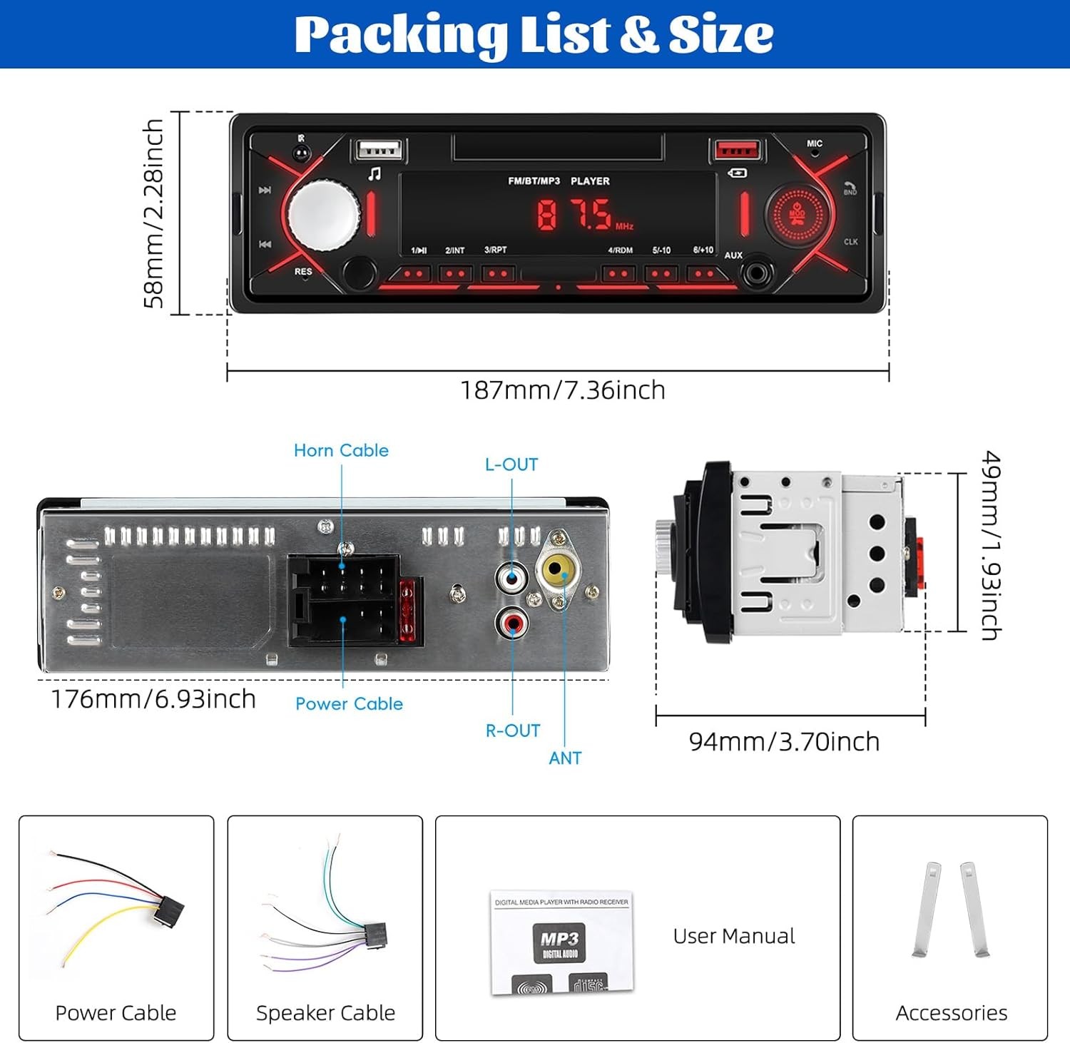 Single DIN Bluetooth Car Stereo MP3 USB FM AUX Hands Free