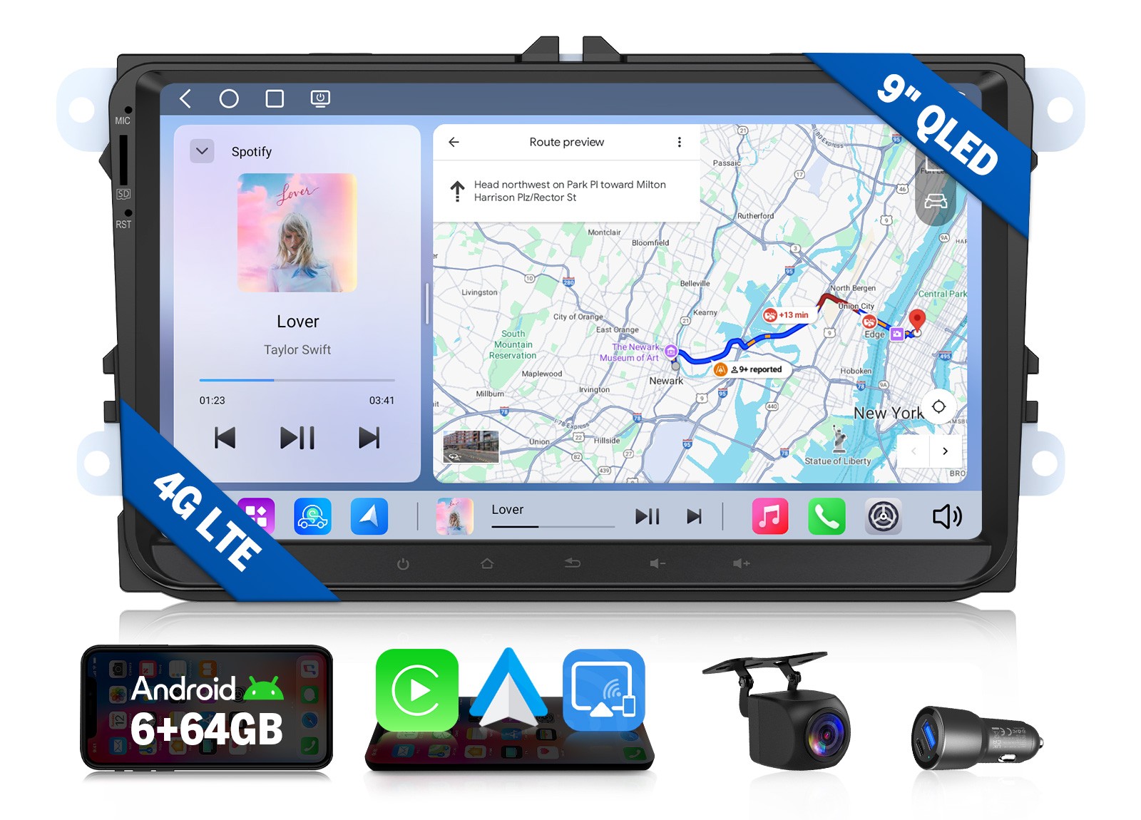 9″ QLED 6+64G Android 13 for VW Golf MK5 MK6 Car Stereo Radio CarPlay Navigation
